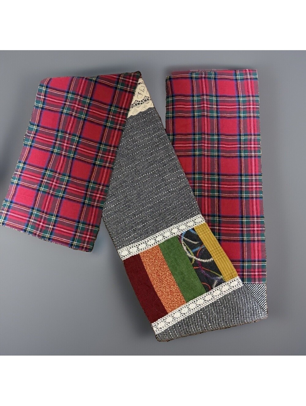 Vintage Handmade Patchwork Table Runner Plaid Tweed Crochet Lace Farmhouse 64in